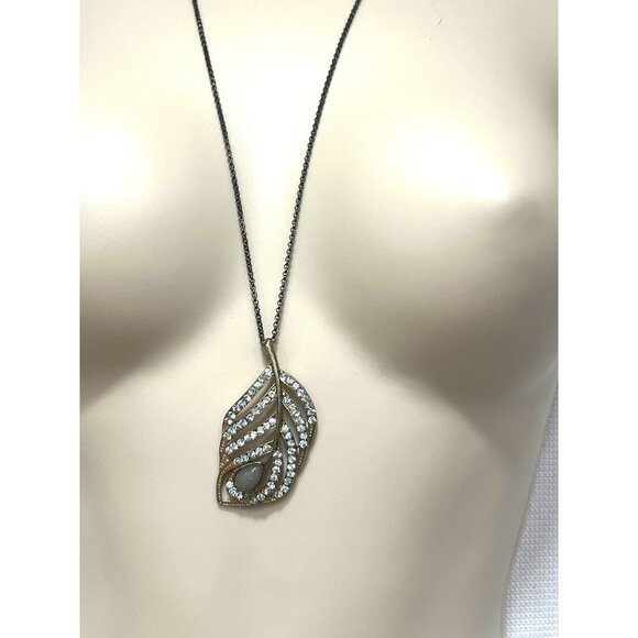 Crystal Leaf Gold-tone Pendant Necklace, 14" drop - Picture 8 of 10